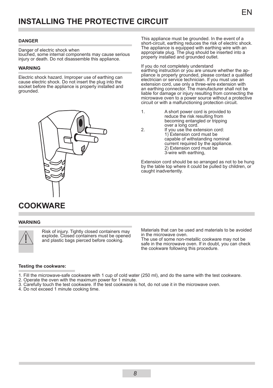 Installing the protective circuit, Cookware | AMICA IM 11611-90 X EN User Manual | Page 8 / 44