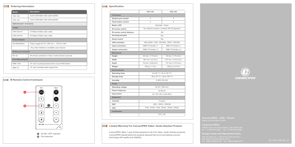 Specification ir remote control command | ConnectPRO VSC-102 / VSC-104 User Manual | Page 2 / 2