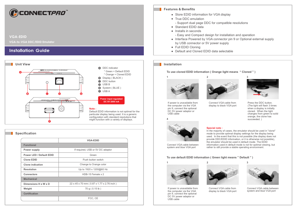 ConnectPRO VGA-EDID User Manual | 2 pages