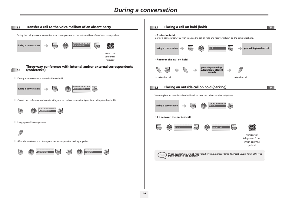 Placing a call on hold (hold), Placing an outside call on hold (parking), P.10 | During a conversation | Alcatel-Lucent IP Touch 610 User Manual | Page 10 / 27