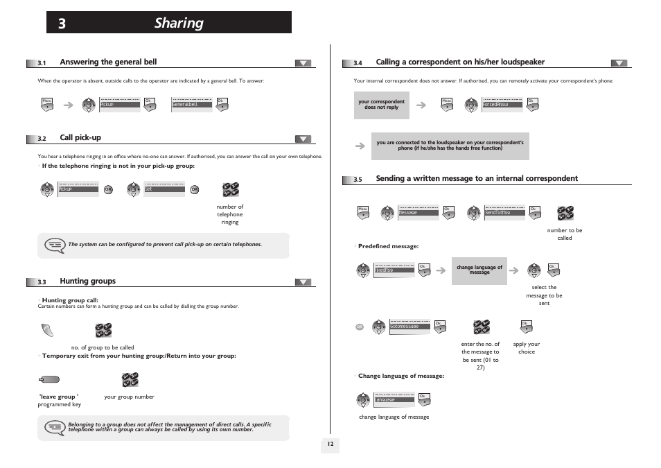 Answering the general bell, Call pick-up, Hunting groups | Calling a correspondent on his/her loudspeaker, P.12, Sharing | Alcatel-Lucent IP Touch 610 User Manual | Page 12 / 27