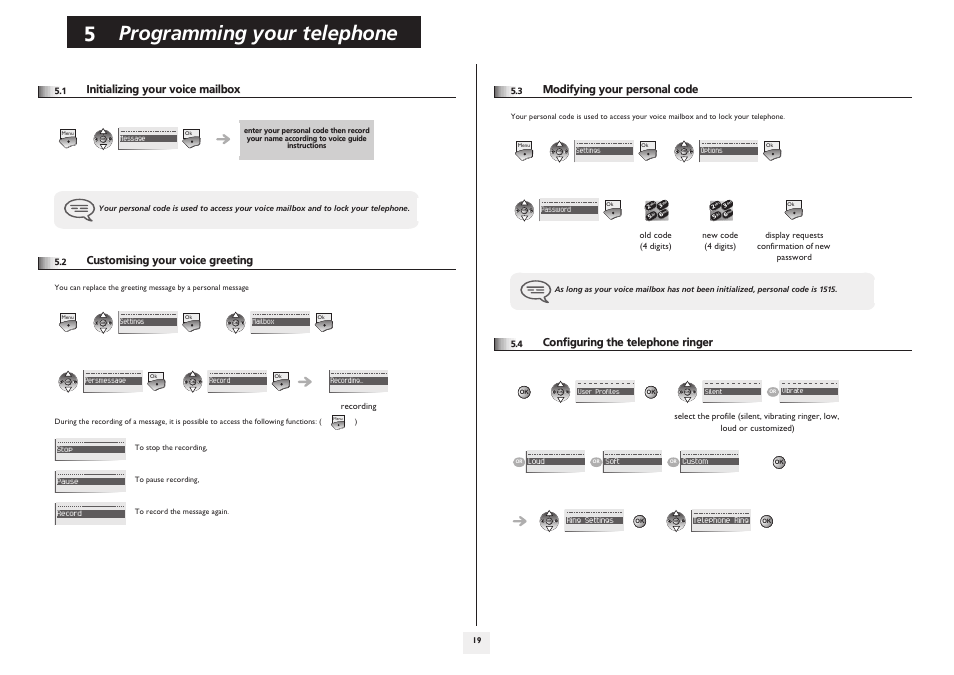 Initializing your voice mailbox, Customising your voice greeting, Modifying your personal code | Configuring the telephone ringer, P.19, Programming your telephone | Alcatel-Lucent IP Touch 610 User Manual | Page 19 / 27