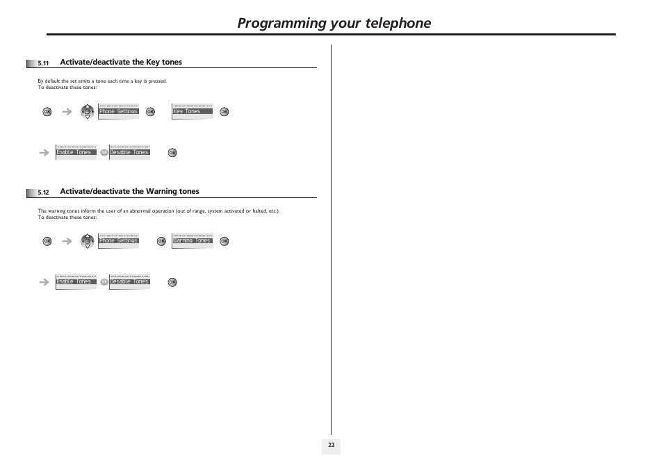 Activate/deactivate the key tones, Activate/deactivate the warning tones, P.22 | Programming your telephone | Alcatel-Lucent IP Touch 610 User Manual | Page 22 / 27