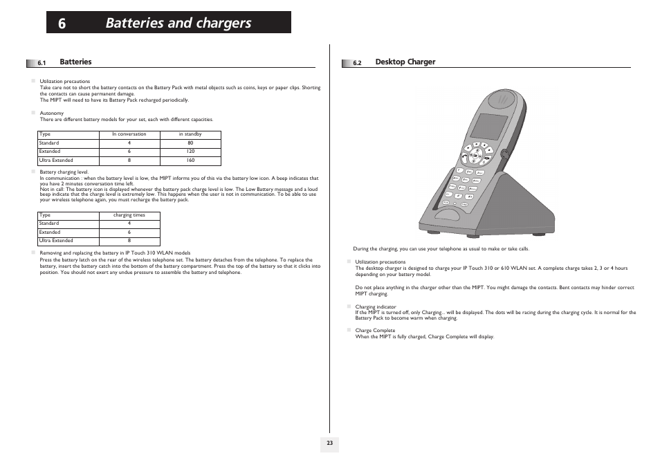 Batteries, Desktop charger, P.23 | Batteries and chargers | Alcatel-Lucent IP Touch 610 User Manual | Page 23 / 27