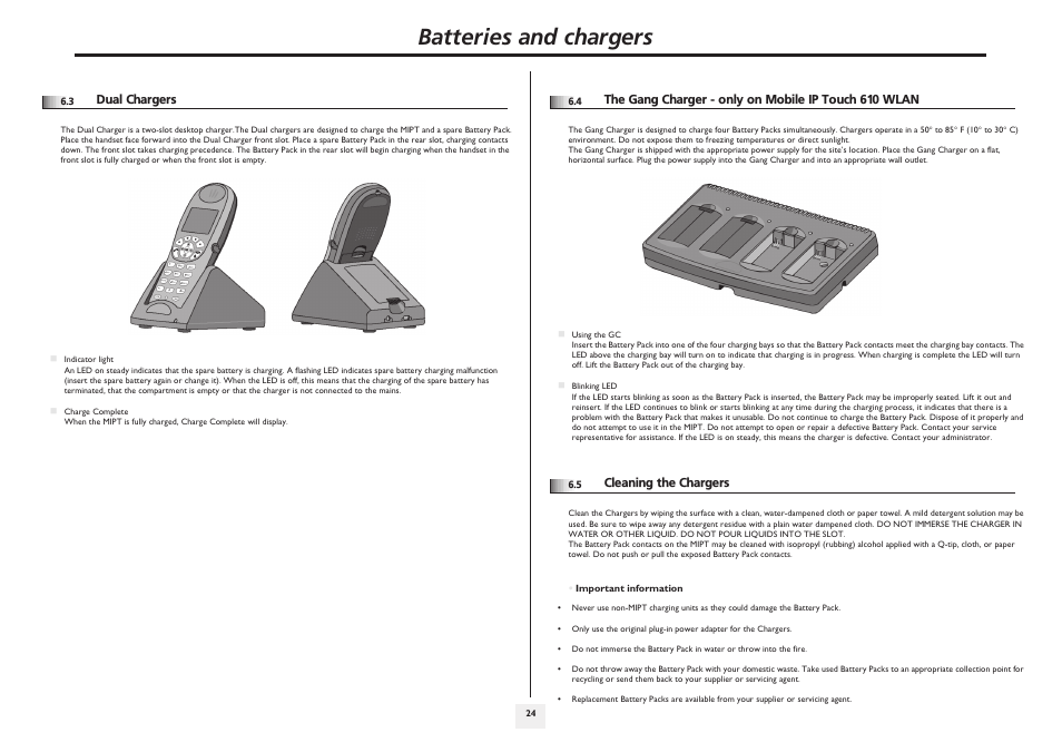 Dual chargers, Cleaning the chargers, P.24 | Batteries and chargers | Alcatel-Lucent IP Touch 610 User Manual | Page 24 / 27