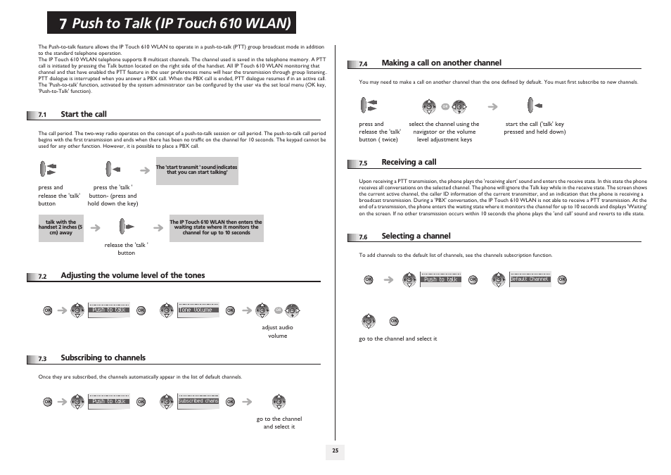 Start the call, Adjusting the volume level of the tones, Subscribing to channels | Making a call on another channel, Receiving a call, Selecting a channel, P.25, Push to talk (ip touch 610 wlan) | Alcatel-Lucent IP Touch 610 User Manual | Page 25 / 27