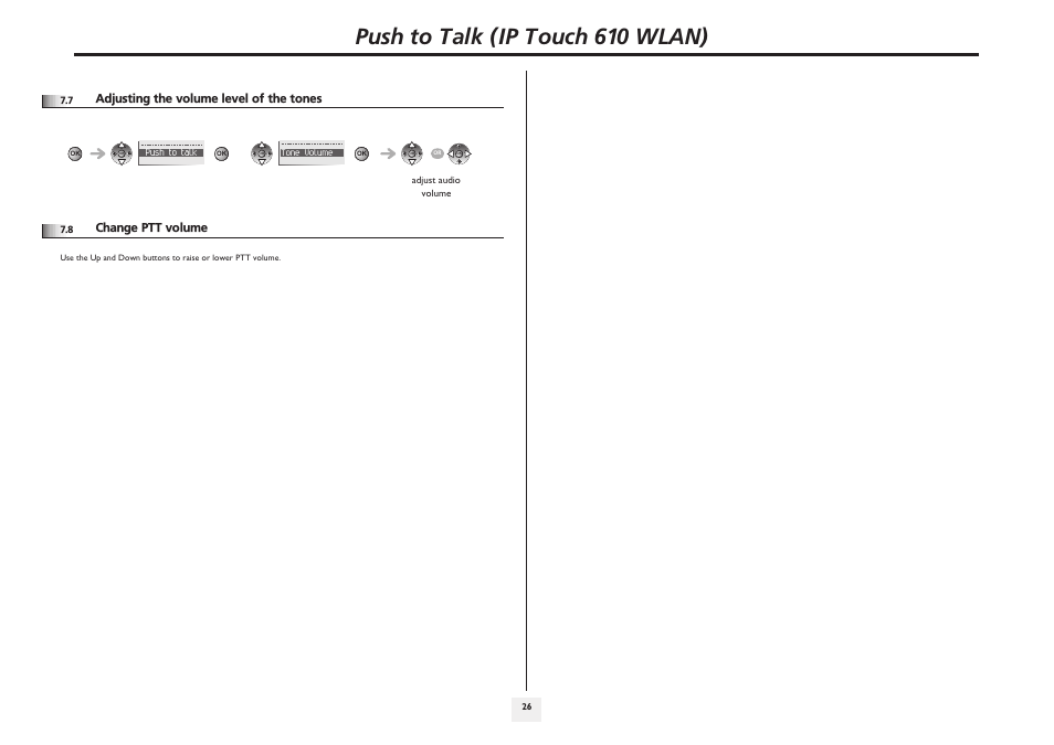 Adjusting the volume level of the tones, Change ptt volume, P.26 | Push to talk (ip touch 610 wlan) | Alcatel-Lucent IP Touch 610 User Manual | Page 26 / 27