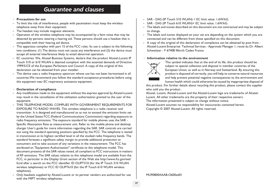 Guarantee and clauses | Alcatel-Lucent IP Touch 610 User Manual | Page 27 / 27