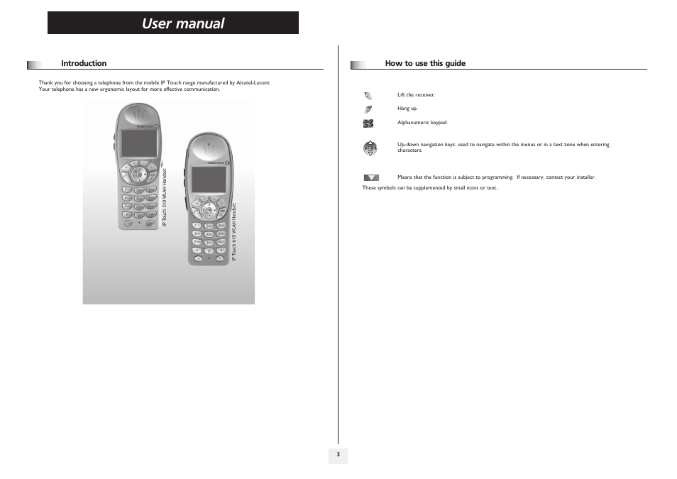 Introduction, How to use this guide, User manual | Mn o | Alcatel-Lucent IP Touch 610 User Manual | Page 3 / 27