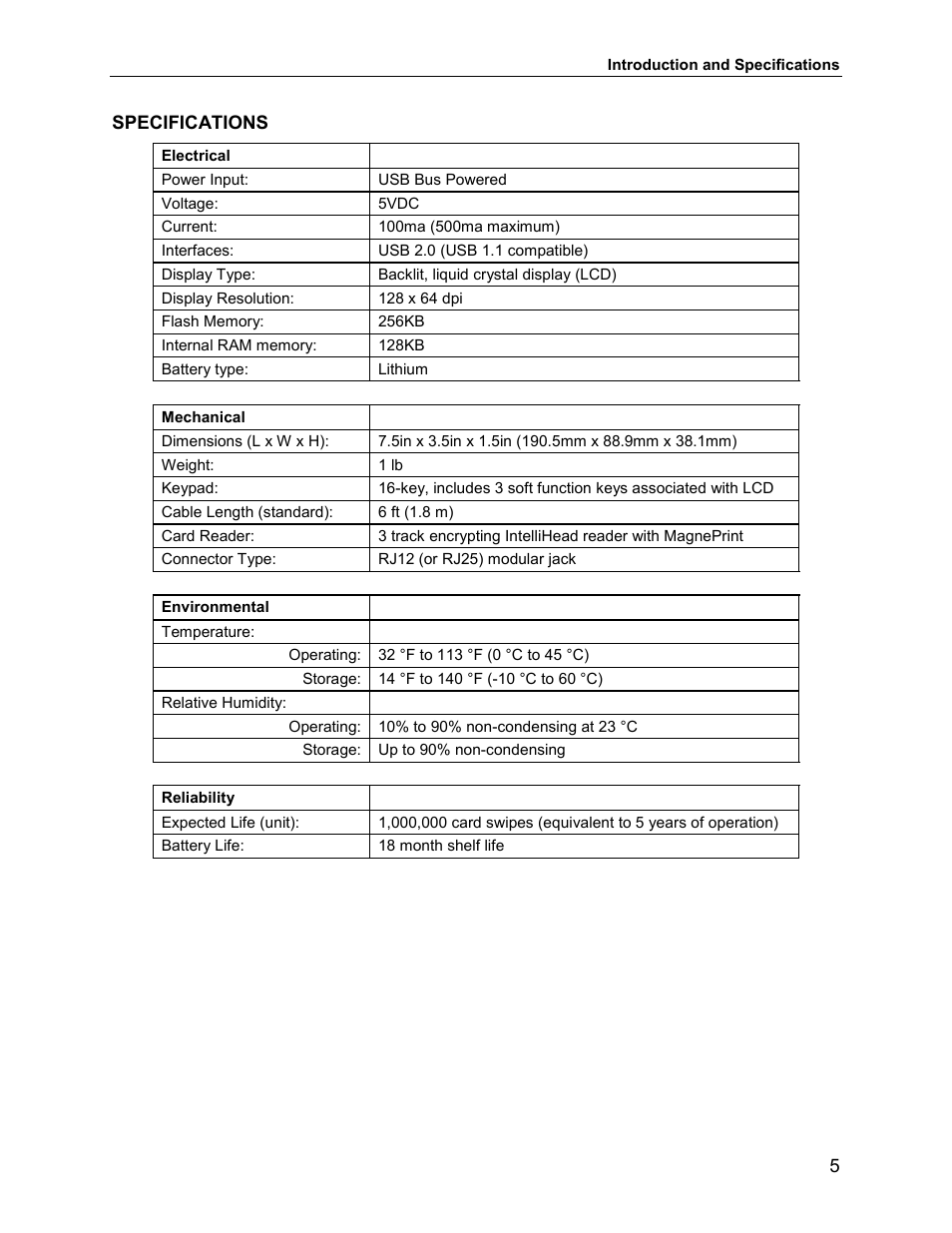 Specifications | MagTek IPAD99875382 User Manual | Page 11 / 26