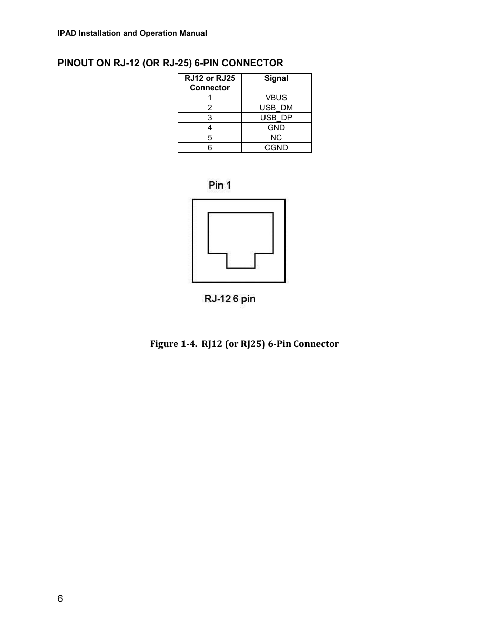 Pinout on rj-12 (or rj-25) 6-pin connector, Figure 1-4. rj12 (or rj25) 6-pin connector | MagTek IPAD99875382 User Manual | Page 12 / 26