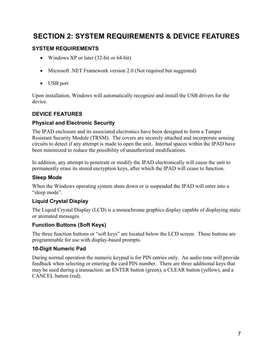 Section 2: system requirements & device features, System requirements, Device features | Physical and electronic security, Sleep mode, Liquid crystal display, Function buttons (soft keys), Digit numeric pad | MagTek IPAD99875382 User Manual | Page 13 / 26