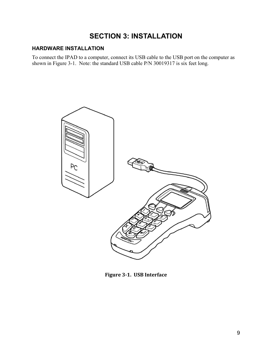 Section 3: installation, Hardware installation, Figure 3-1. usb interface | MagTek IPAD99875382 User Manual | Page 15 / 26