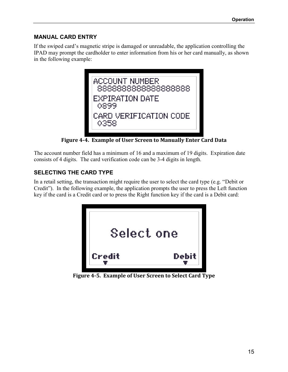 Manual card entry, Selecting the card type | MagTek IPAD99875382 User Manual | Page 21 / 26