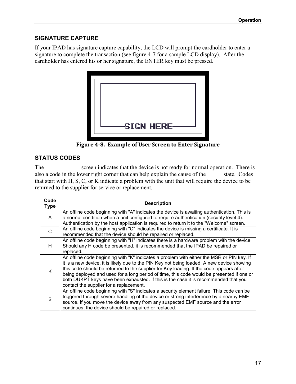 Signature capture, Status codes | MagTek IPAD99875382 User Manual | Page 23 / 26