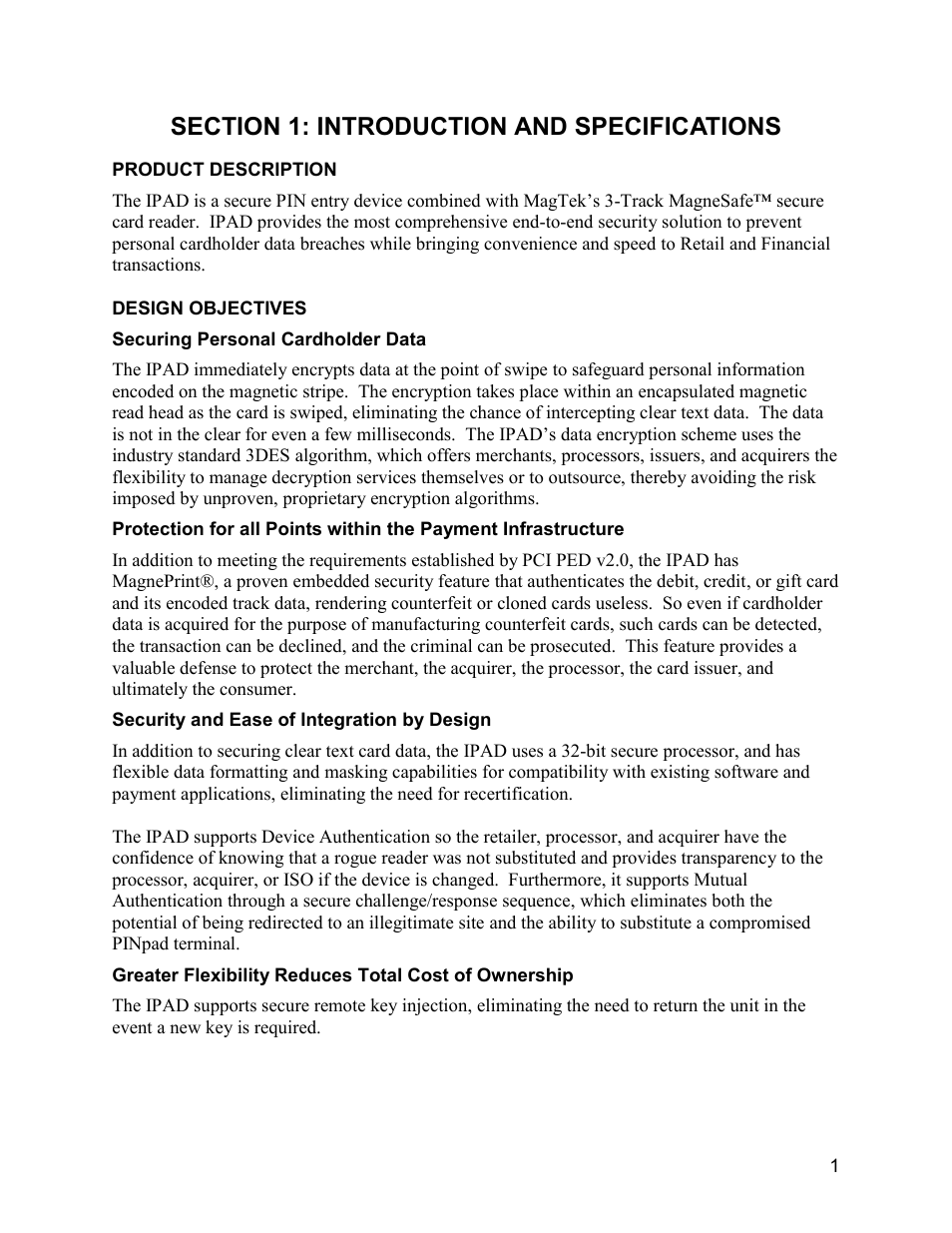 Section 1: introduction and specifications, Product description, Design objectives | Securing personal cardholder data, Security and ease of integration by design | MagTek IPAD99875382 User Manual | Page 7 / 26