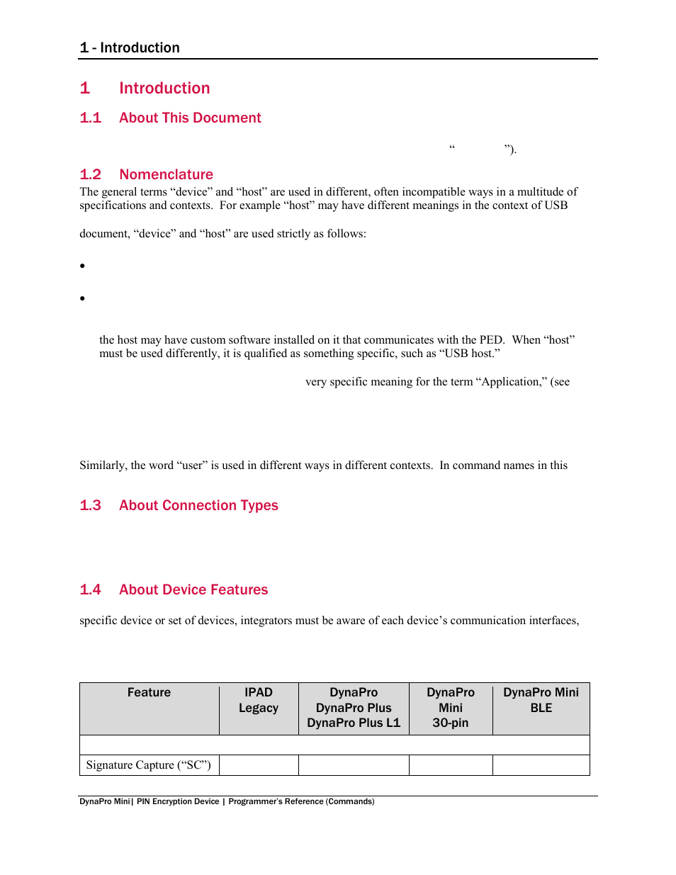 1 introduction, 1 about this document, 2 nomenclature | 3 about connection types, 4 about device features, Introduction, About this document, Nomenclature, About connection types, About device features | MagTek DynaPro Mini Programmer's99875629 User Manual | Page 10 / 114