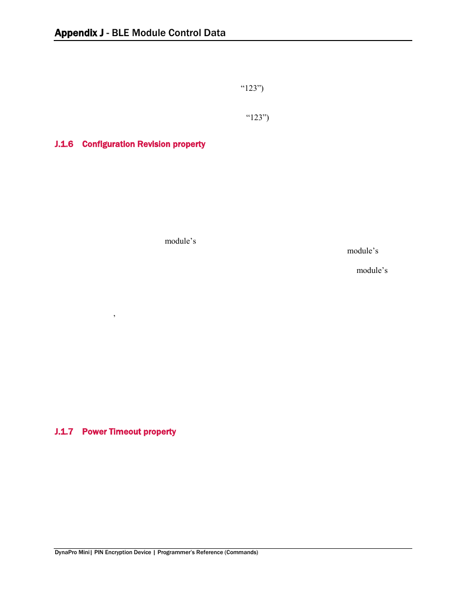 J.1.6 configuration revision property, J.1.7 power timeout property, J.1.6 | Configuration revision property, J.1.7, Power timeout property, Appendix j - ble module control data | MagTek DynaPro Mini Programmer's99875629 User Manual | Page 107 / 114