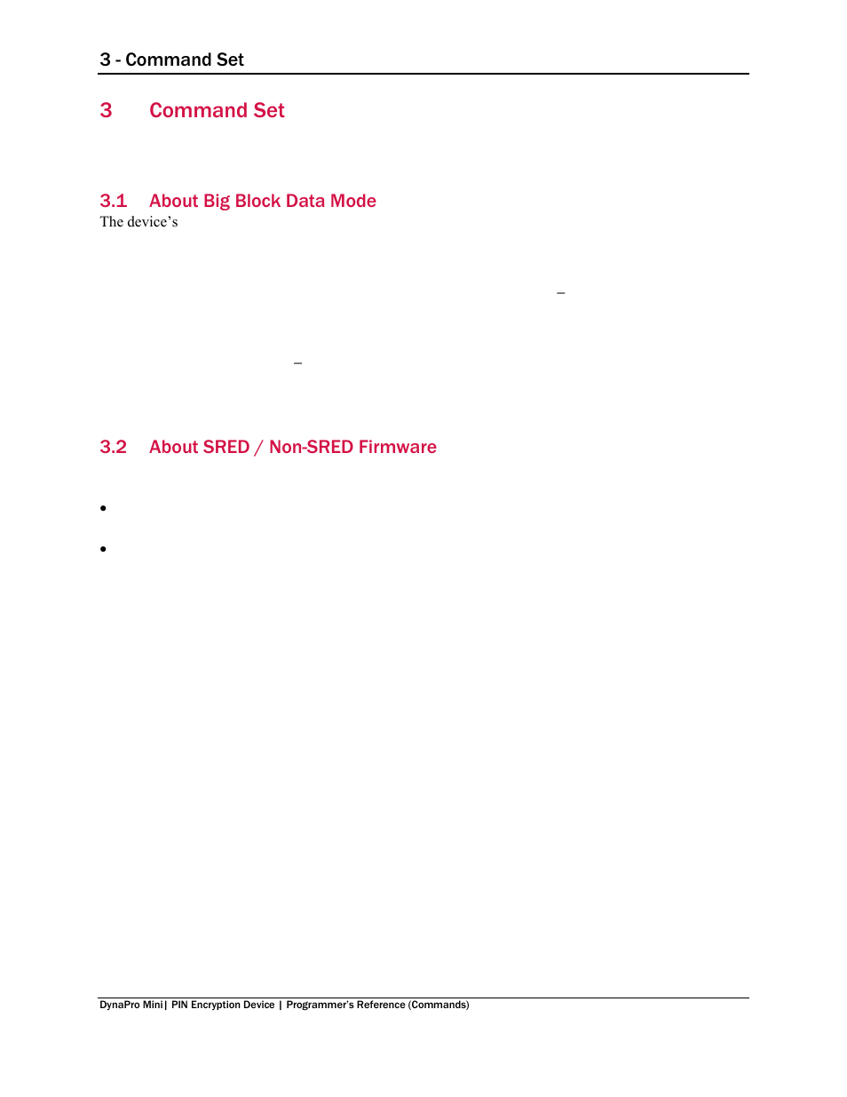 3 command set, 1 about big block data mode, 2 about sred / non-sred firmware | Command set, About big block data mode, About sred / non-sred firmware, 3command set | MagTek DynaPro Mini Programmer's99875629 User Manual | Page 24 / 114