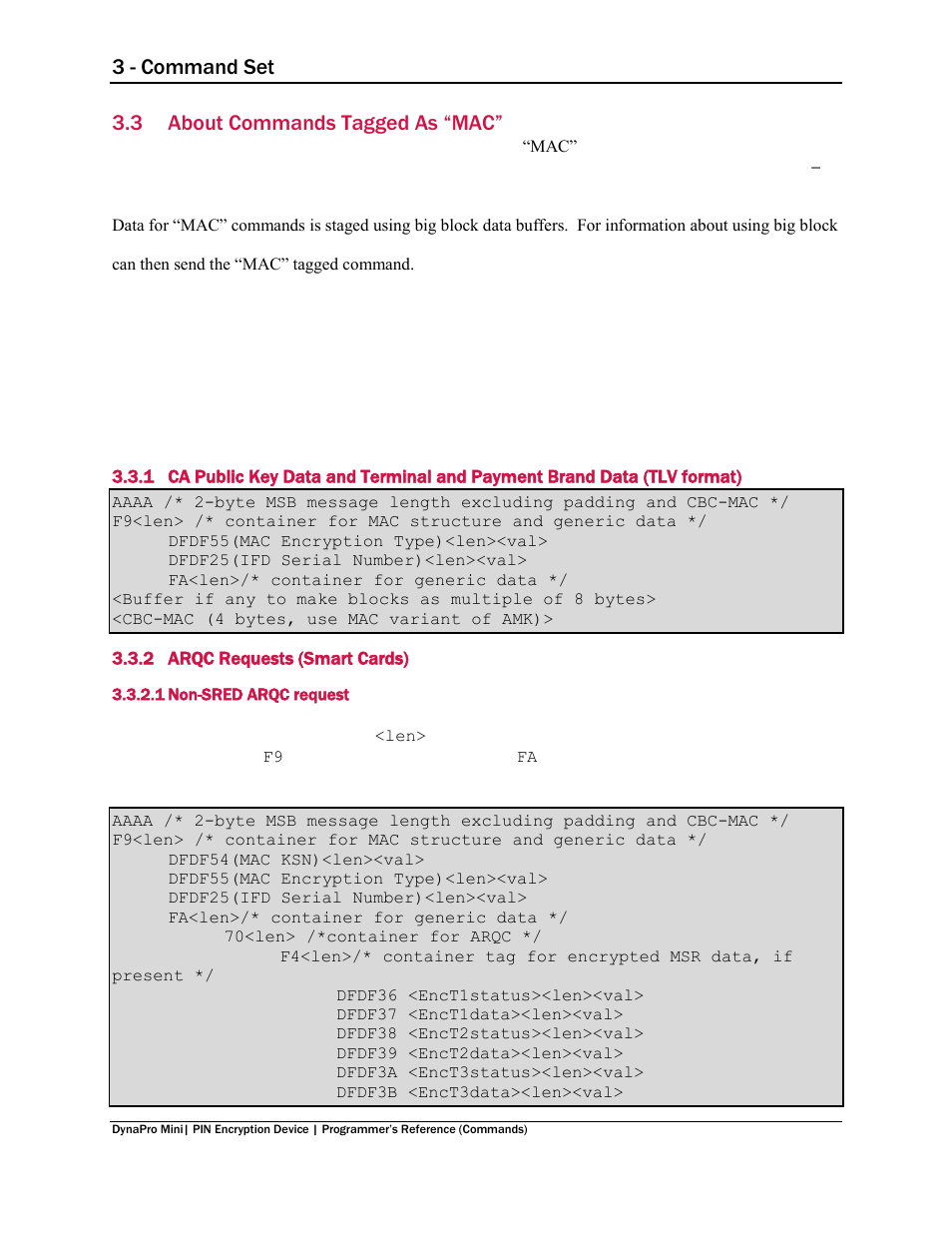 3 about commands tagged as “mac, 2 arqc requests (smart cards), 1 non-sred arqc request | About commands tagged as “mac, Arqc requests (smart cards), Non-sred arqc request, 3 - command set | MagTek DynaPro Mini Programmer's99875629 User Manual | Page 25 / 114