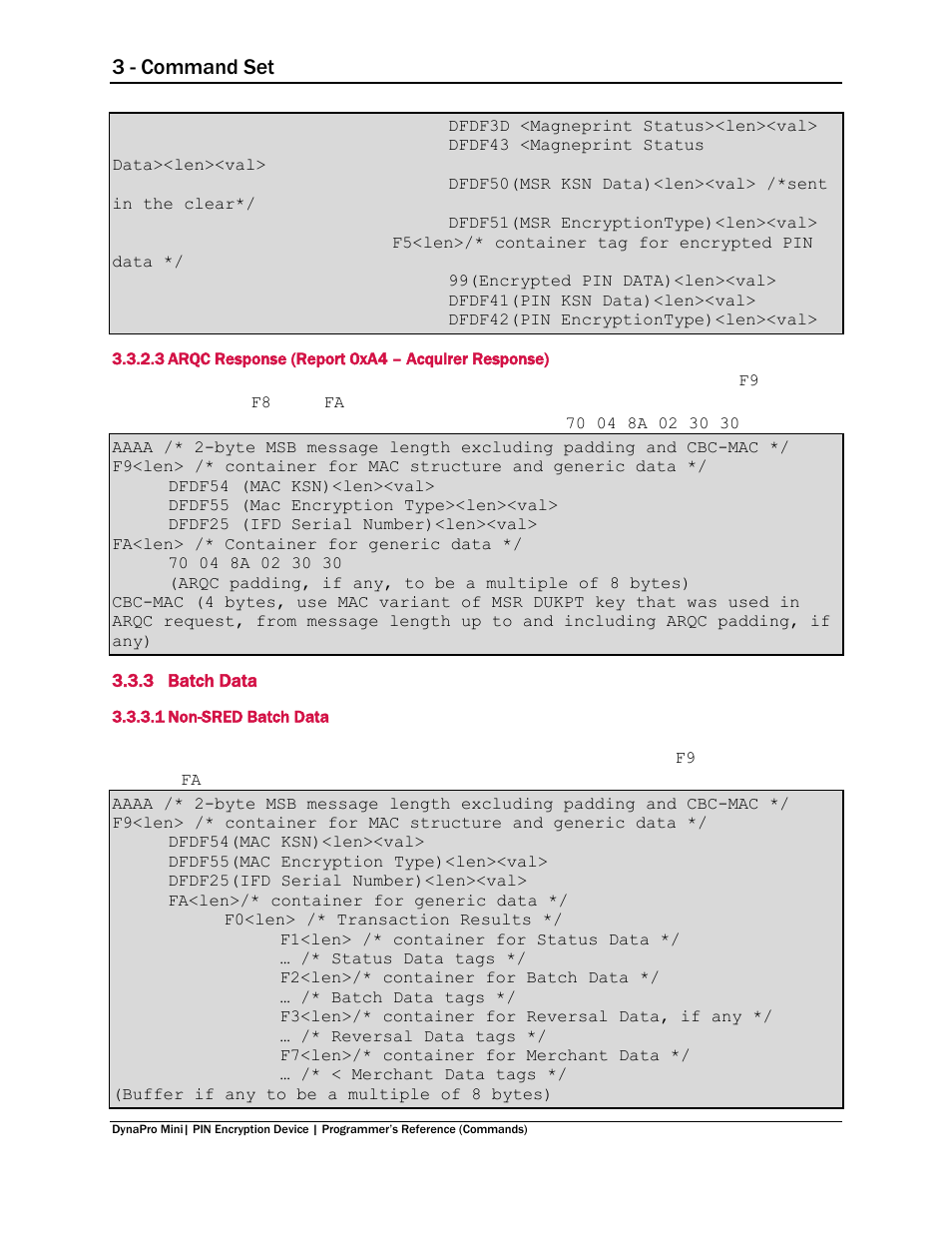 3 arqc response (report 0xa4 – acquirer response), 3 batch data, 1 non-sred batch data | Arqc response (report 0xa4 – acquirer response), Batch data, Non-sred batch data, 3 - command set | MagTek DynaPro Mini Programmer's99875629 User Manual | Page 27 / 114