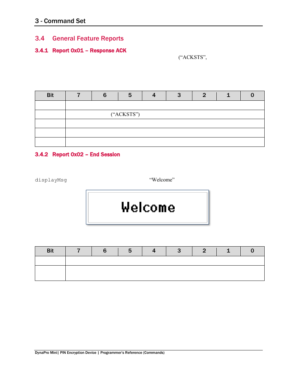 4 general feature reports, 1 report 0x01 – response ack, 2 report 0x02 – end session | General feature reports, Report 0x01 – response ack, Report 0x02 – end session, On 3.4 general feature reports ), 3 - command set | MagTek DynaPro Mini Programmer's99875629 User Manual | Page 29 / 114