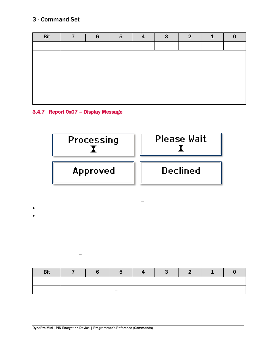 7 report 0x07 – display message, Report 0x07 – display message, 3 - command set | MagTek DynaPro Mini Programmer's99875629 User Manual | Page 34 / 114