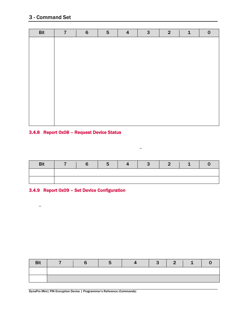 8 report 0x08 – request device status, 9 report 0x09 – set device configuration, Report 0x08 – request device status | Report 0x09 – set device configuration, 3 - command set | MagTek DynaPro Mini Programmer's99875629 User Manual | Page 35 / 114