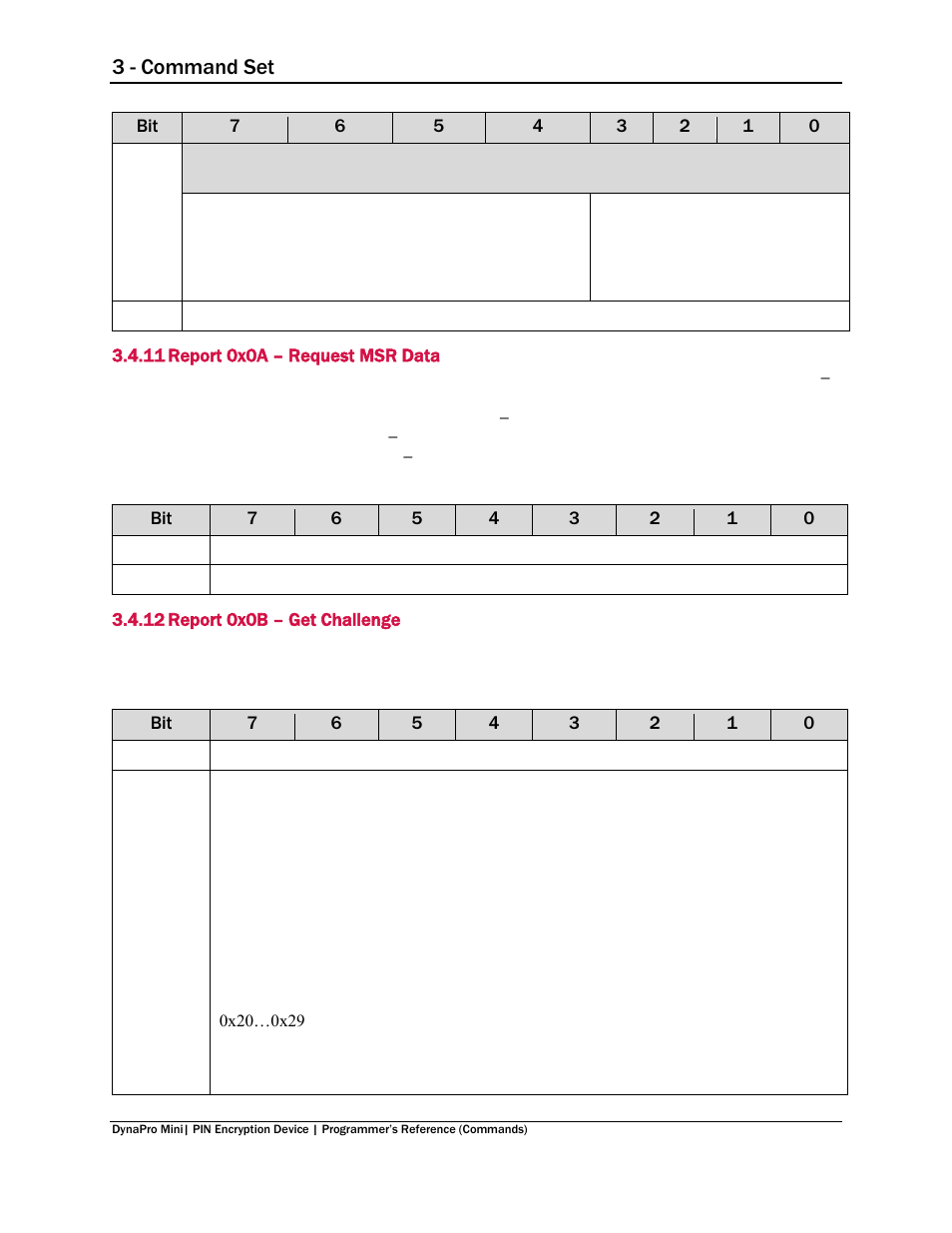 11 report 0x0a – request msr data, 12 report 0x0b – get challenge, Report 0x0a – request msr data | Report 0x0b – get challenge, 3 - command set | MagTek DynaPro Mini Programmer's99875629 User Manual | Page 38 / 114