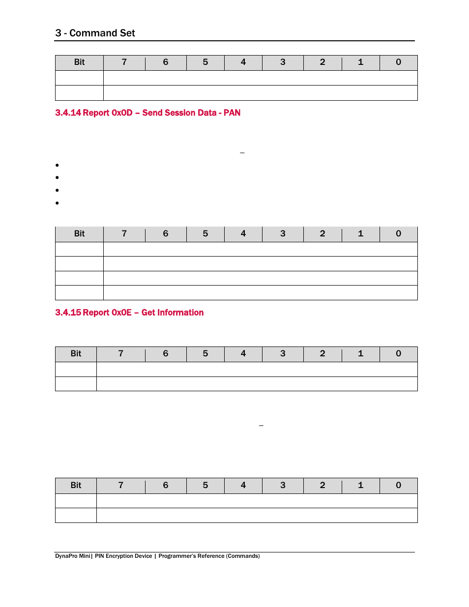 14 report 0x0d – send session data - pan, 15 report 0x0e – get information, Report 0x0d – send session data - pan | Report 0x0e – get information, 3 - command set | MagTek DynaPro Mini Programmer's99875629 User Manual | Page 40 / 114