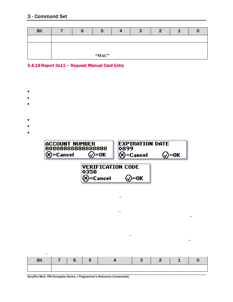 19 report 0x11 – request manual card entry, Report 0x11 – request manual card entry, 3 - command set | MagTek DynaPro Mini Programmer's99875629 User Manual | Page 45 / 114