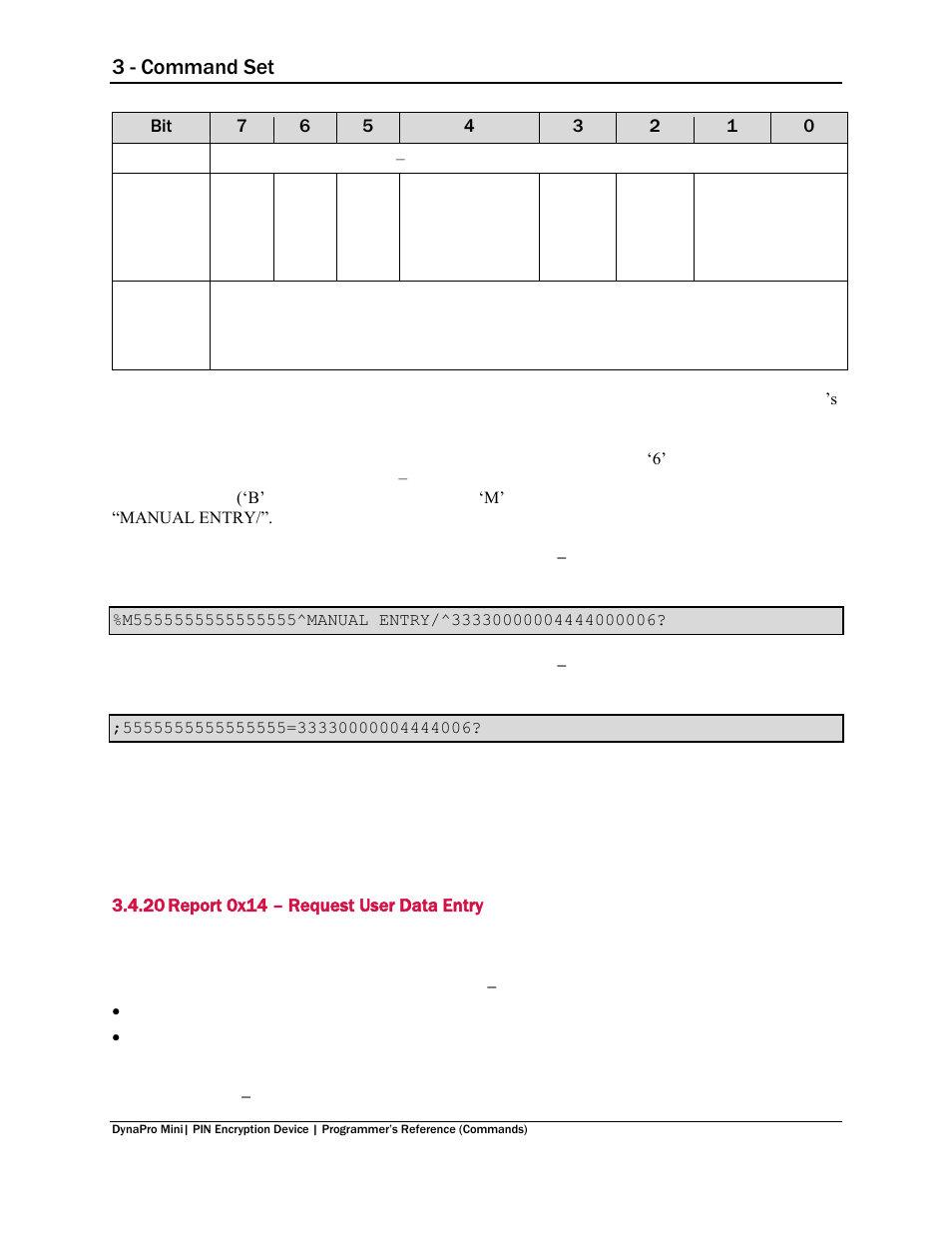 20 report 0x14 – request user data entry, Report 0x14 – request user data entry, 3 - command set | MagTek DynaPro Mini Programmer's99875629 User Manual | Page 46 / 114