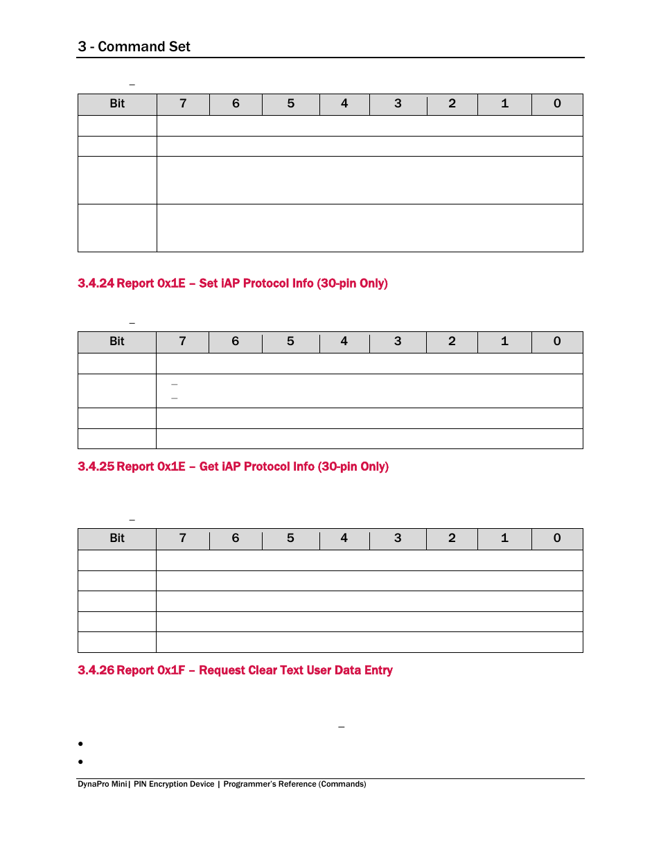 Report 0x1e – set iap protocol info (30-pin only), Report 0x1e – get iap protocol info (30-pin only), Report 0x1f – request clear text user data entry | 3 - command set | MagTek DynaPro Mini Programmer's99875629 User Manual | Page 51 / 114