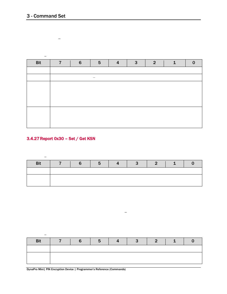 27 report 0x30 – set / get ksn, Report 0x30 – set / get ksn, 3 - command set | MagTek DynaPro Mini Programmer's99875629 User Manual | Page 52 / 114