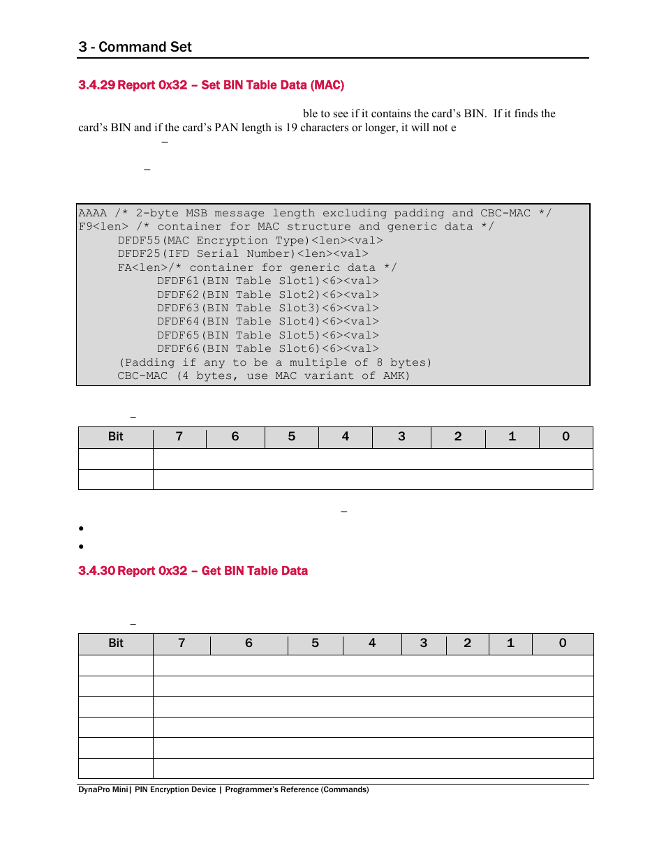 29 report 0x32 – set bin table data (mac), 30 report 0x32 – get bin table data, Report 0x32 – set bin table data (mac) | Report 0x32 – get bin table data, 3 - command set | MagTek DynaPro Mini Programmer's99875629 User Manual | Page 54 / 114