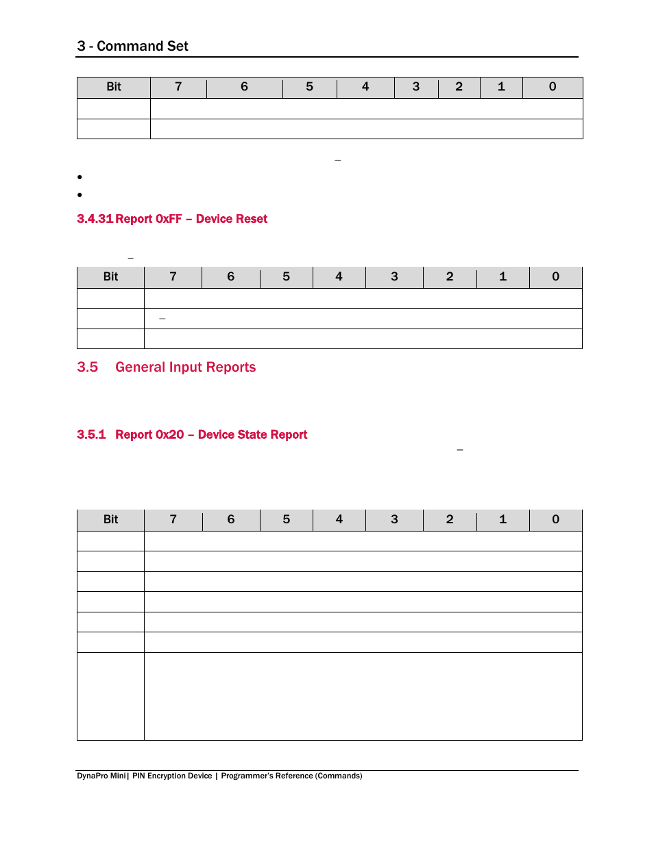 31 report 0xff – device reset, 5 general input reports, 1 report 0x20 – device state report | Report 0xff – device reset, General input reports, Report 0x20 – device state report, On 3.5 general input reports ), Report 0x20 – device state report ), 3 - command set | MagTek DynaPro Mini Programmer's99875629 User Manual | Page 55 / 114
