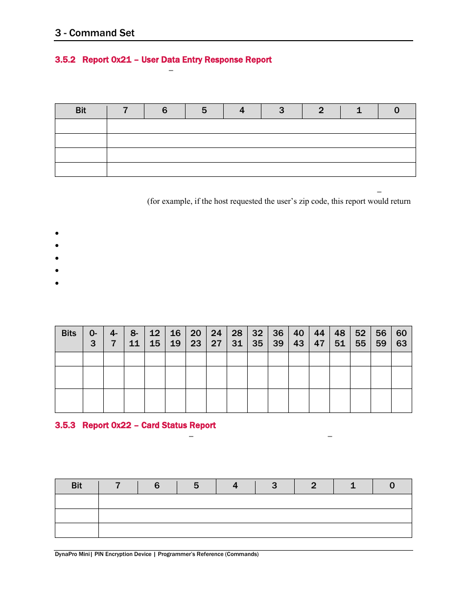 2 report 0x21 – user data entry response report, 3 report 0x22 – card status report, Report 0x21 – user data entry response report | Report 0x22 – card status report, 3 - command set | MagTek DynaPro Mini Programmer's99875629 User Manual | Page 56 / 114