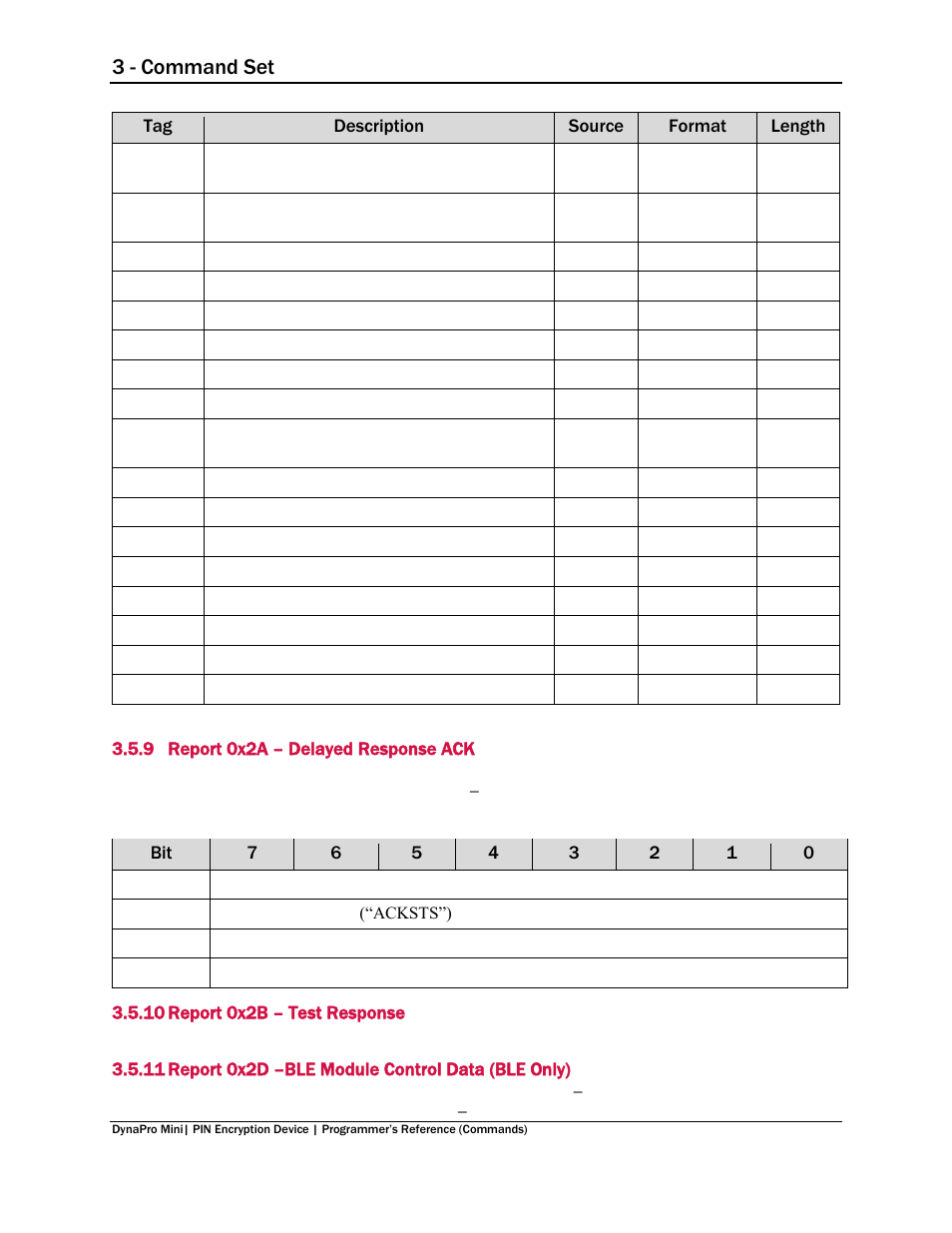 9 report 0x2a – delayed response ack, 10 report 0x2b – test response, 11 report 0x2d –ble module control data (ble only) | Report 0x2a – delayed response ack, Report 0x2b – test response, Report 0x2d –ble module control data (ble only), 3 - command set | MagTek DynaPro Mini Programmer's99875629 User Manual | Page 61 / 114