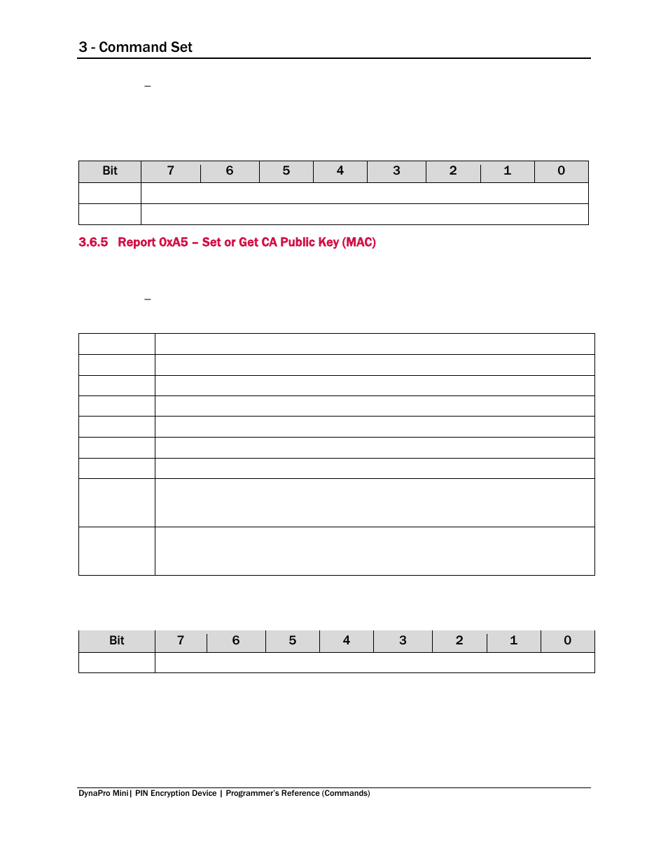 5 report 0xa5 – set or get ca public key (mac), Report 0xa5 – set or get ca public key (mac), 3 - command set | MagTek DynaPro Mini Programmer's99875629 User Manual | Page 68 / 114