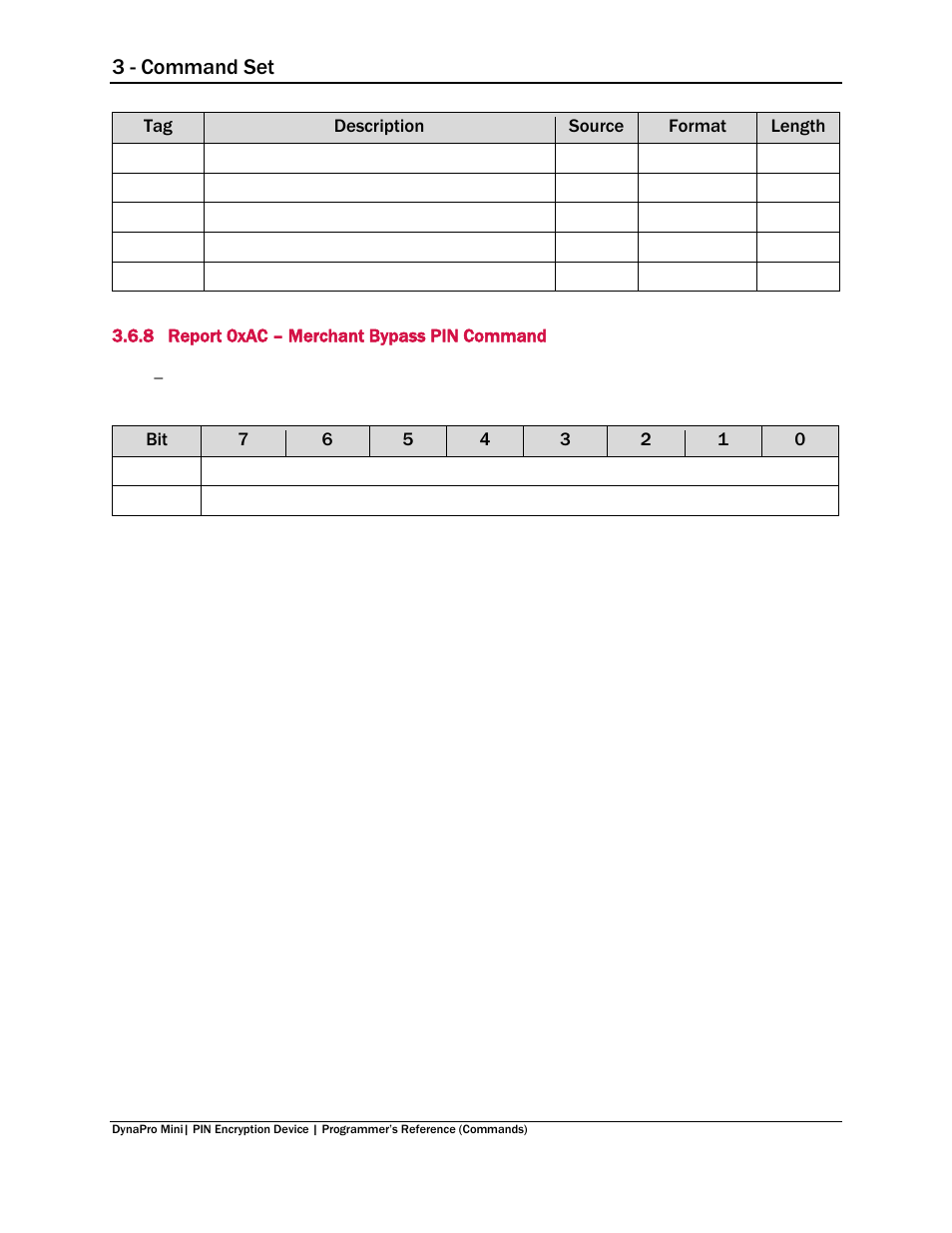 8 report 0xac – merchant bypass pin command, Report 0xac – merchant bypass pin command, 3 - command set | MagTek DynaPro Mini Programmer's99875629 User Manual | Page 76 / 114