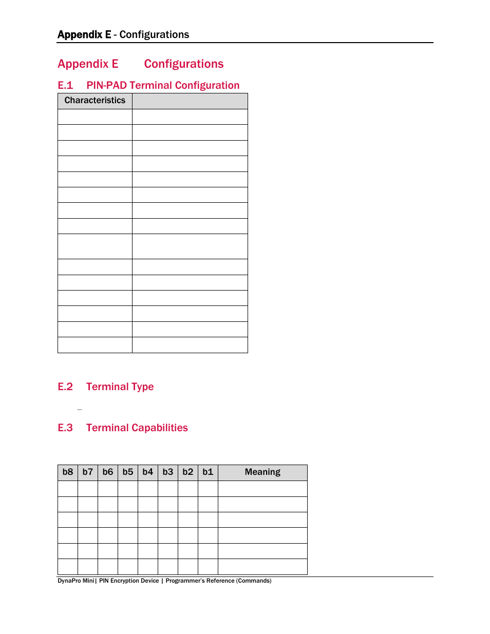 Appendix e configurations, E.1 pin-pad terminal configuration, E.2 terminal type | E.3 terminal capabilities, Appendix e, Configurations, Pin-pad terminal configuration, Terminal type, Terminal capabilities, Appendix e - configurations | MagTek DynaPro Mini Programmer's99875629 User Manual | Page 92 / 114