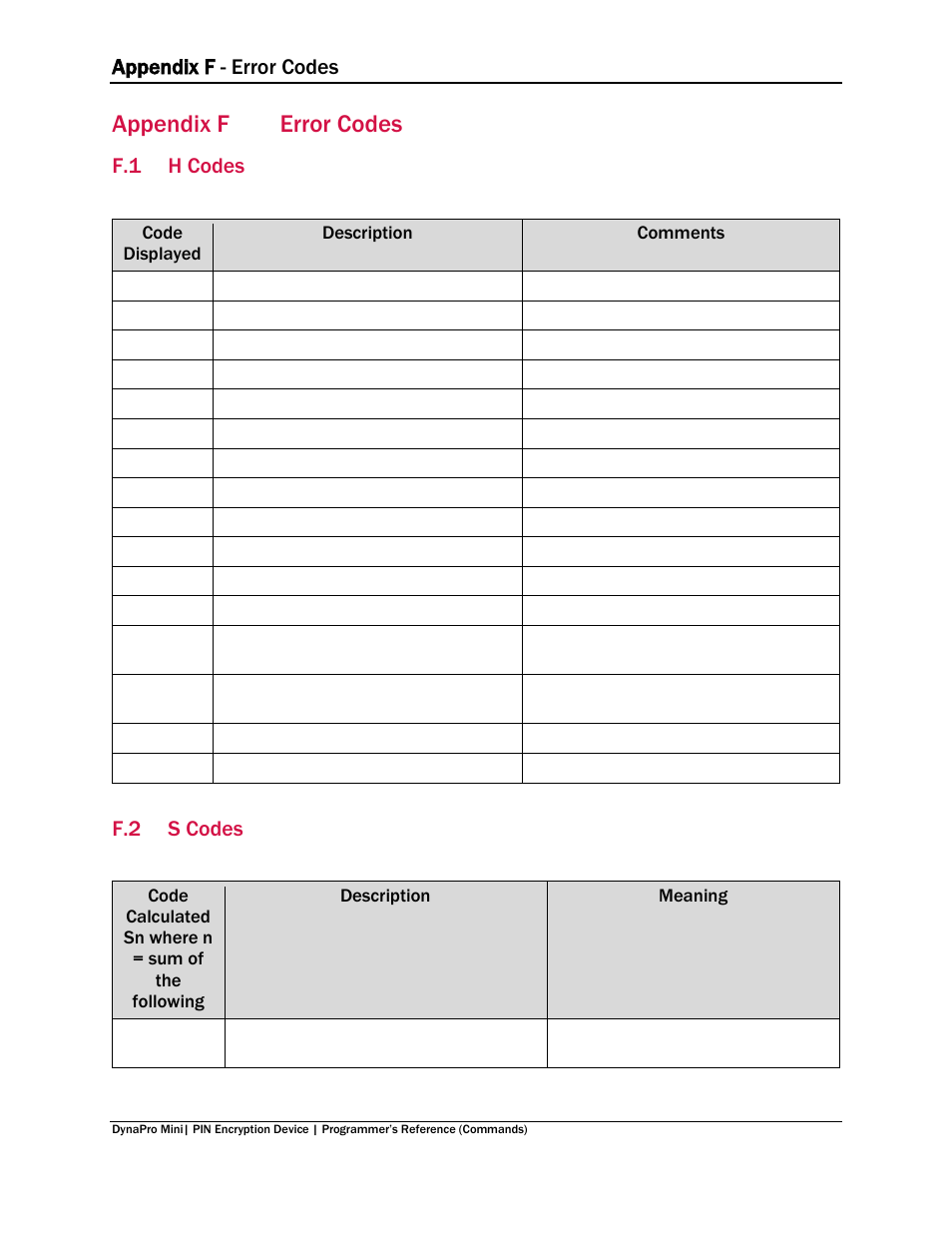 Appendix f error codes, F.1 h codes, F.2 s codes | Appendix f, Error codes, H codes, S codes, Appendix f - error codes | MagTek DynaPro Mini Programmer's99875629 User Manual | Page 96 / 114