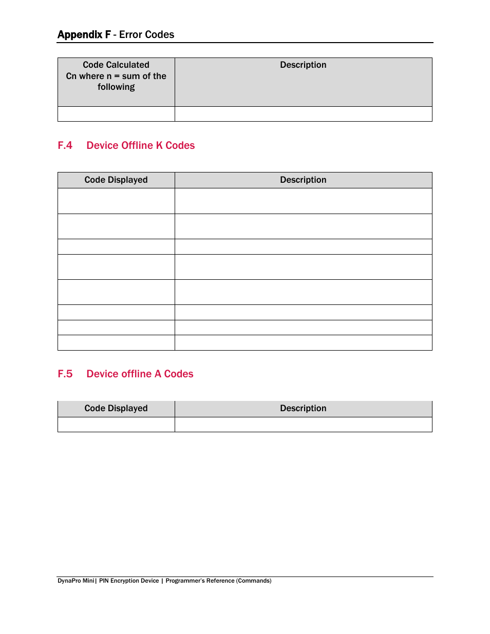 F.4 device offline k codes, F.5 device offline a codes, Device offline k codes | Device offline a codes, Appendix f - error codes | MagTek DynaPro Mini Programmer's99875629 User Manual | Page 98 / 114