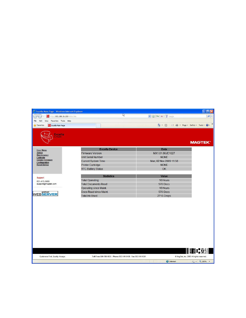 Overview, Status, Appendix a. built-in web page | MagTek Excella, MICR Check Reader99875310 User Manual | Page 29 / 49