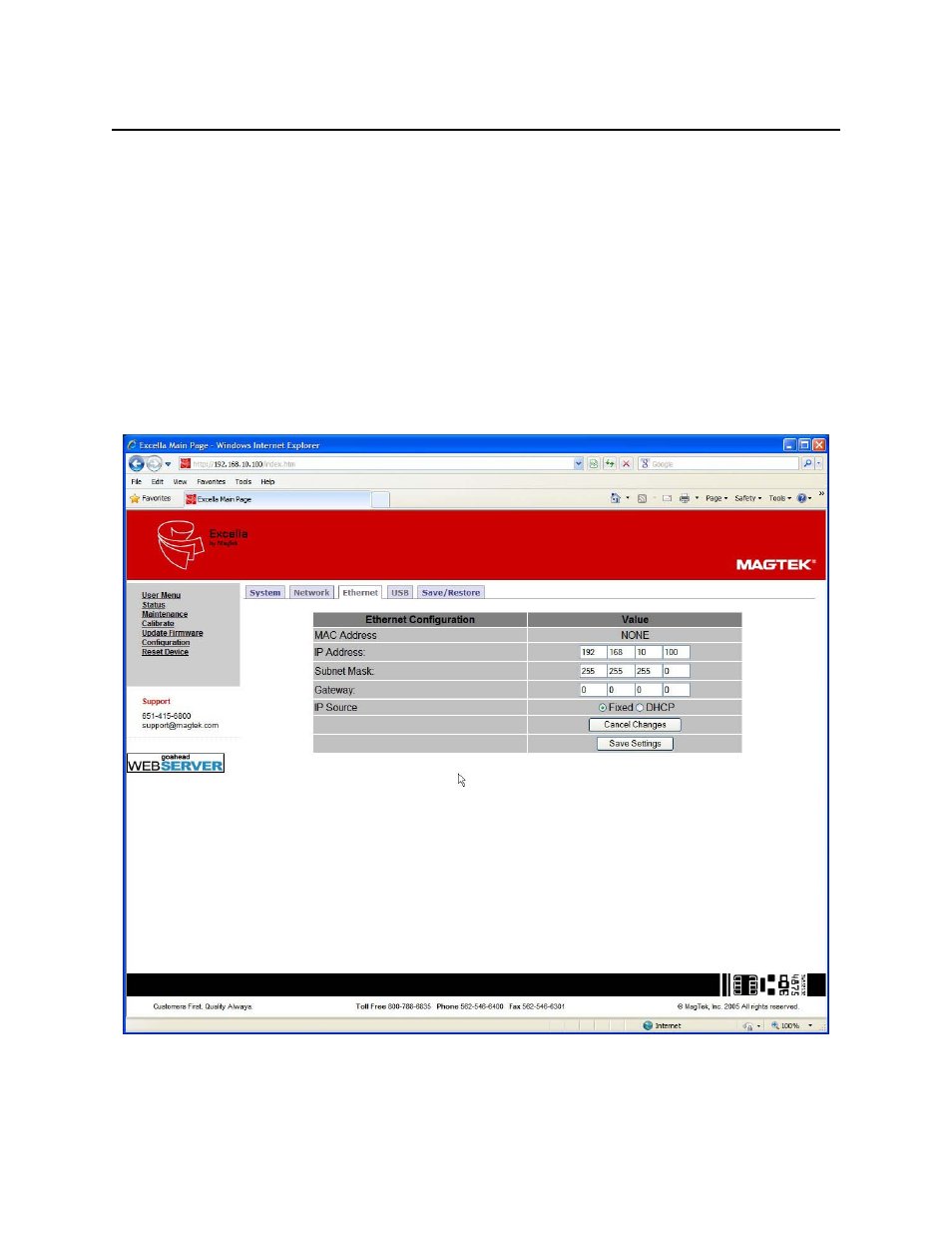 Ethernet configuration tab | MagTek Excella, MICR Check Reader99875310 User Manual | Page 34 / 49