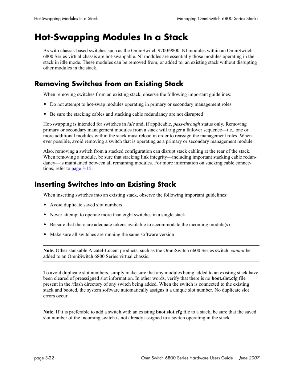 Hot-swapping modules in a stack, Removing switches from an existing stack, Inserting switches into an existing stack | Hot-swapping modules in a stack -22 | Alcatel-Lucent OMNISWITCH 6800 User Manual | Page 102 / 134