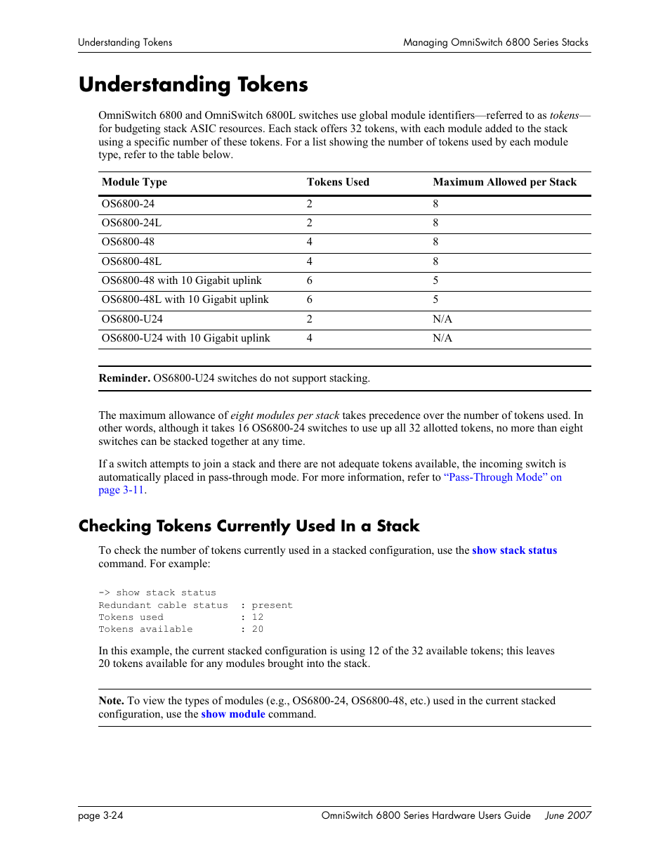 Understanding tokens, Checking tokens currently used in a stack, Understanding tokens -24 | Checking tokens currently used in a stack -24, For mor | Alcatel-Lucent OMNISWITCH 6800 User Manual | Page 104 / 134