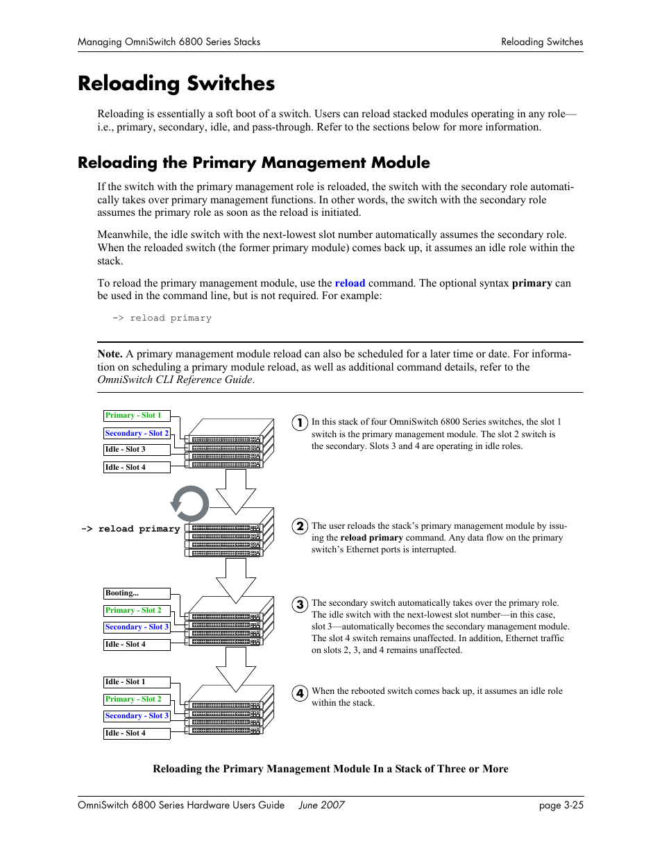 Reloading switches, Reloading the primary management module, Reloading switches -25 | Reloading the primary management module -25 | Alcatel-Lucent OMNISWITCH 6800 User Manual | Page 105 / 134