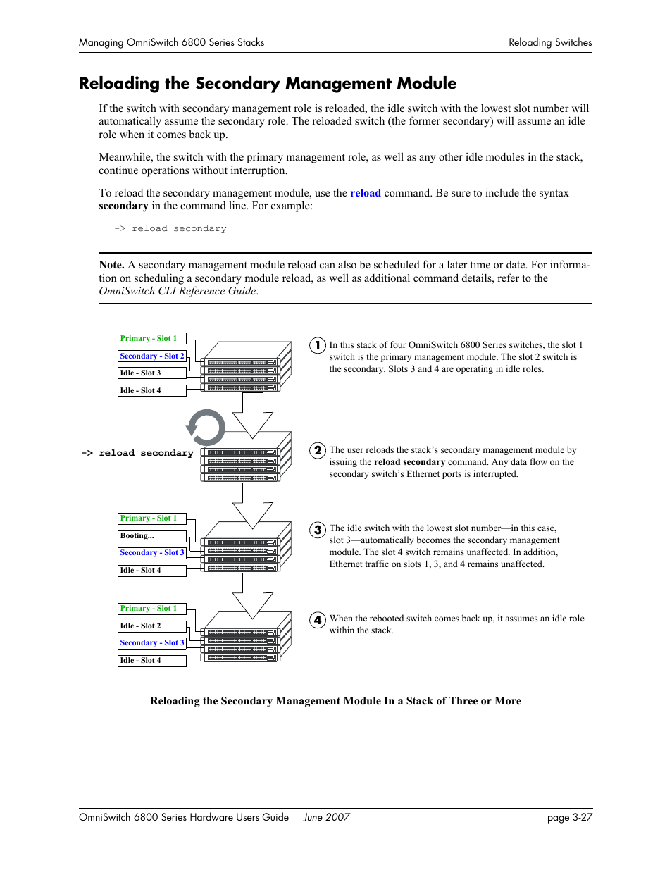 Reloading the secondary management module, Reloading the secondary management module -27 | Alcatel-Lucent OMNISWITCH 6800 User Manual | Page 107 / 134