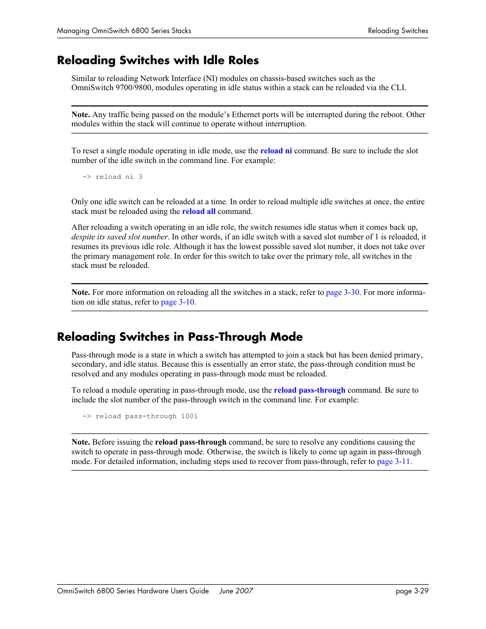 Reloading switches with idle roles, Reloading switches in pass-through mode | Alcatel-Lucent OMNISWITCH 6800 User Manual | Page 109 / 134